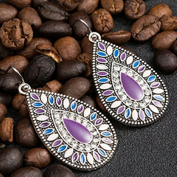 Purple Teardrop Rhinestone Earrings - Picture 5 of 6